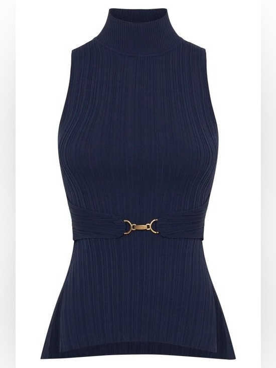 Meshki Tops - Meshki Navy Ribbed Halter Top with Gold Accent Ring